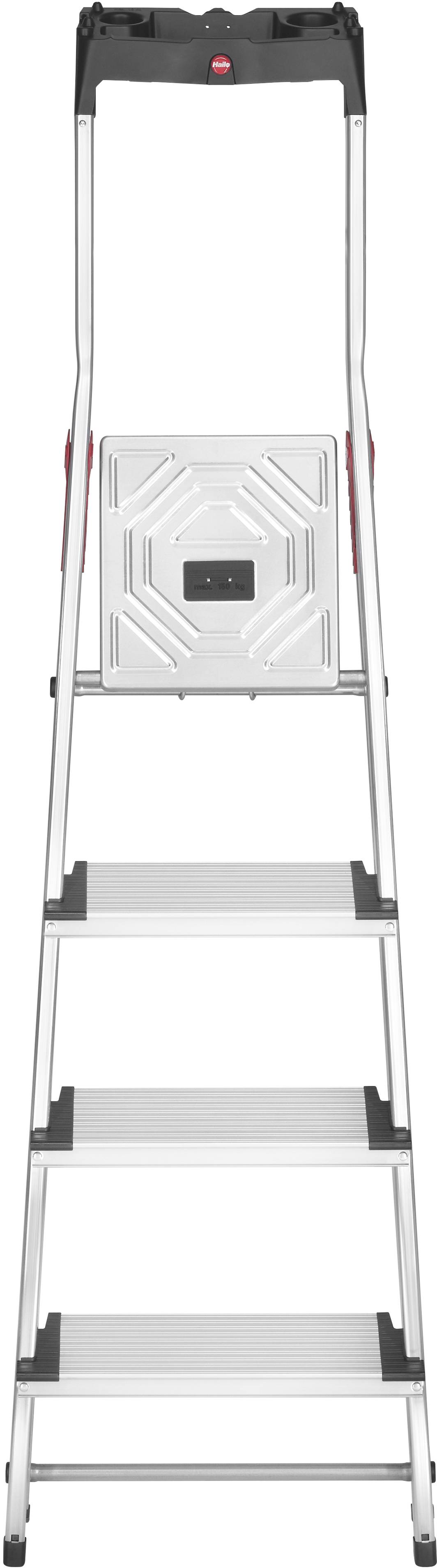 Foldable aluminium ladder with four steps, decorated in black and red, shown in its folded state. Perfect for household or office tasks.