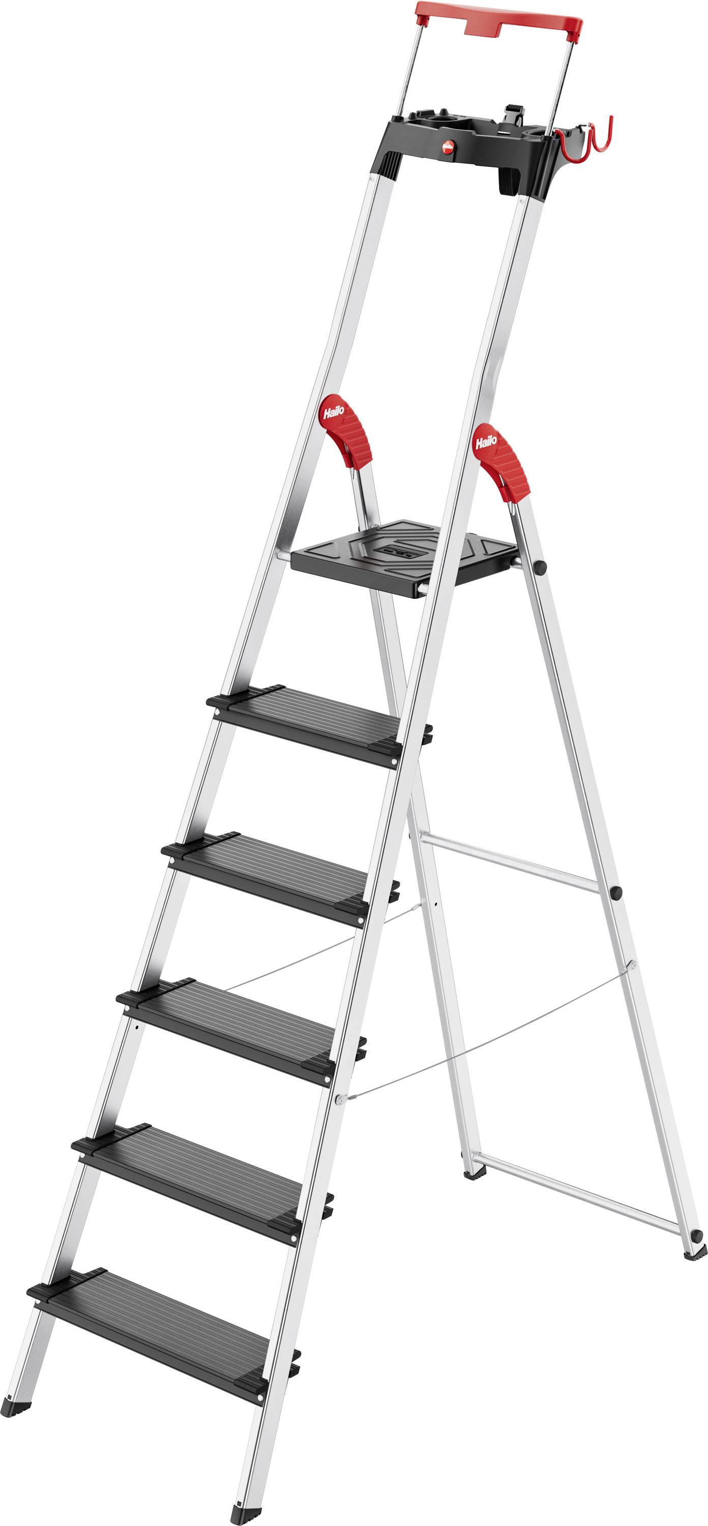 A six-step aluminum ladder with a platform, red safety handrails, and a utility tray at the top for tool storage. Suitable for indoor use.