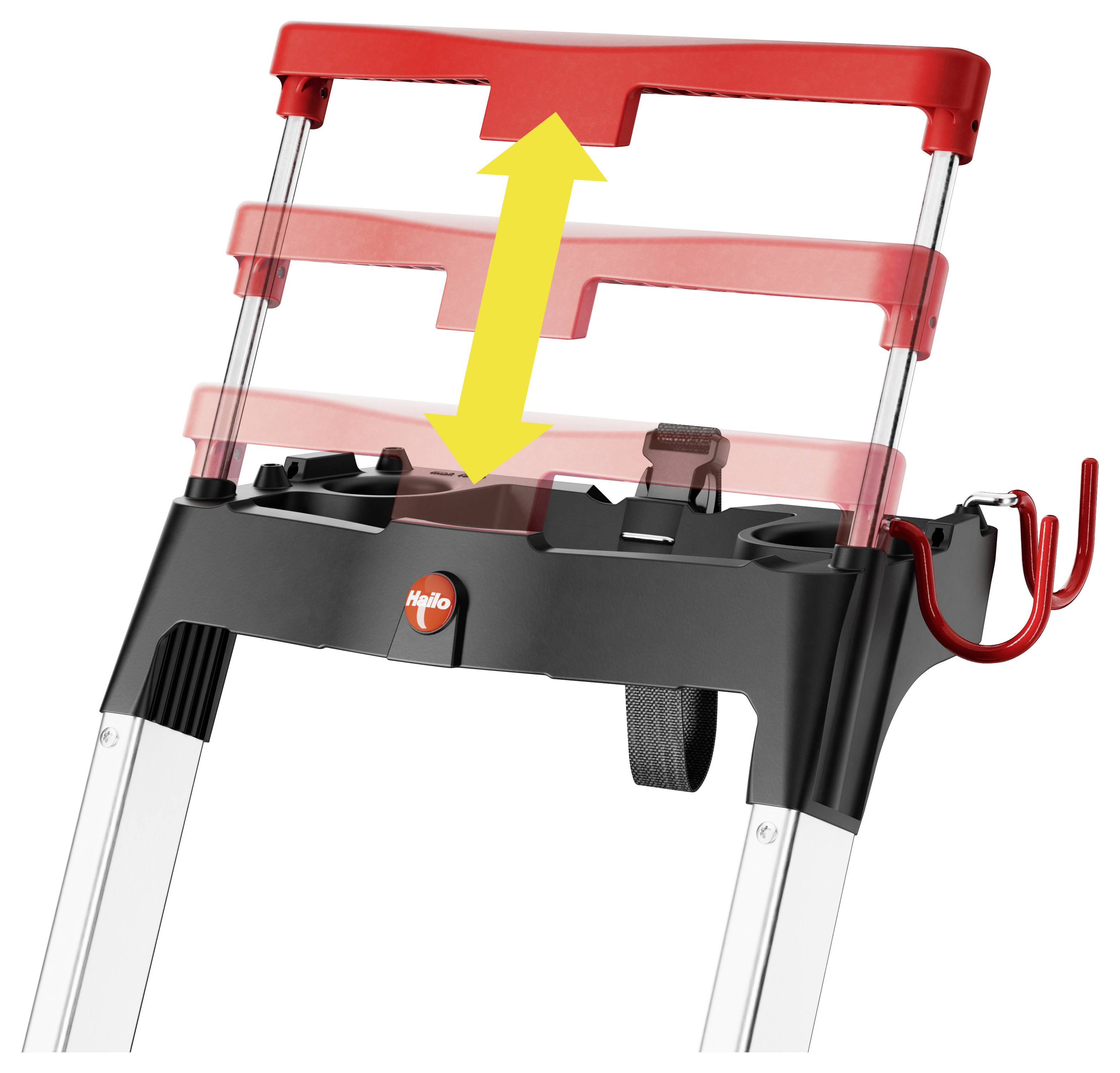 A ladder platform with adjustable height feature, highlighted by a yellow arrow indicating upward and downward movement, with storage hooks.
