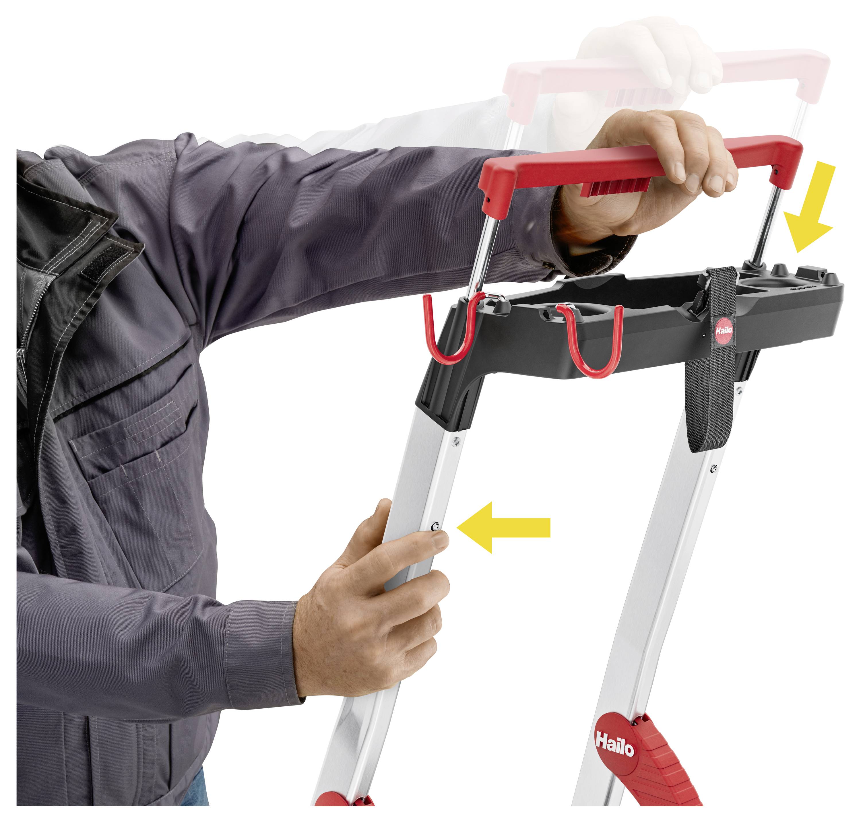 'Person unfolding a step ladder, highlighting safety features with arrows pointing to locking mechanisms.'