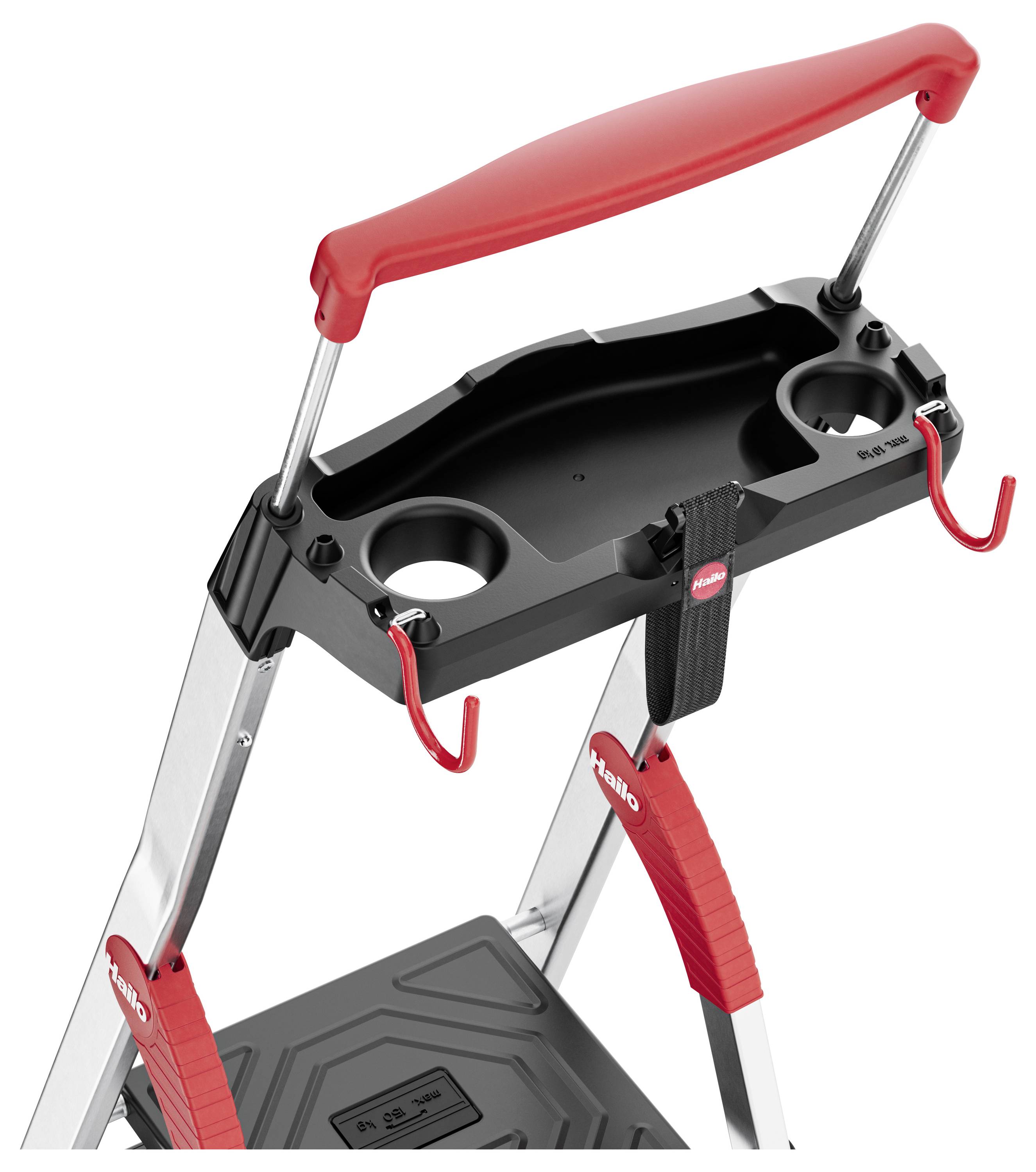A steel step ladder with a red handle, integrated tool tray with cup holders, and black non-slip steps. Red hooks are attached to the tray.