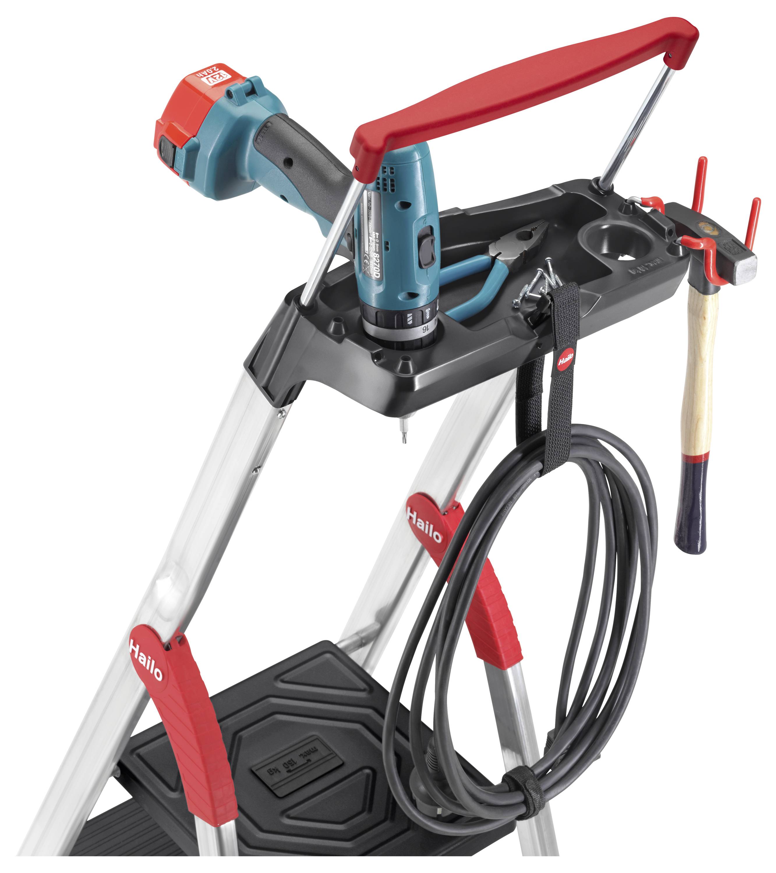 A ladder with a platform at the top, holding a cordless drill, hammer, and coiled extension cord, designed for convenient tool storage.