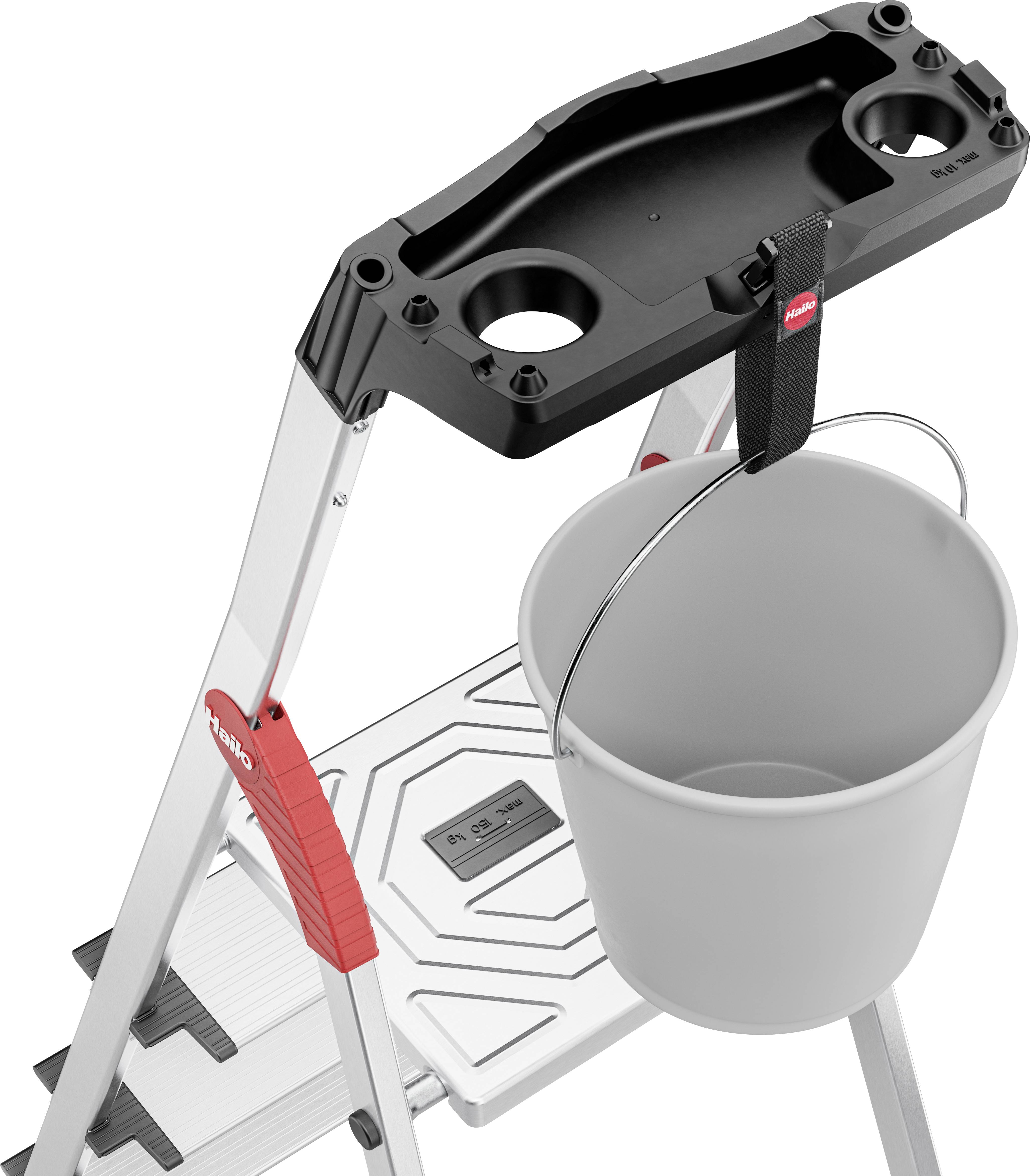 Ladder with a black tool compartment and bucket hook, on which a grey bucket is hanging. Sturdy treads with a red handle.
