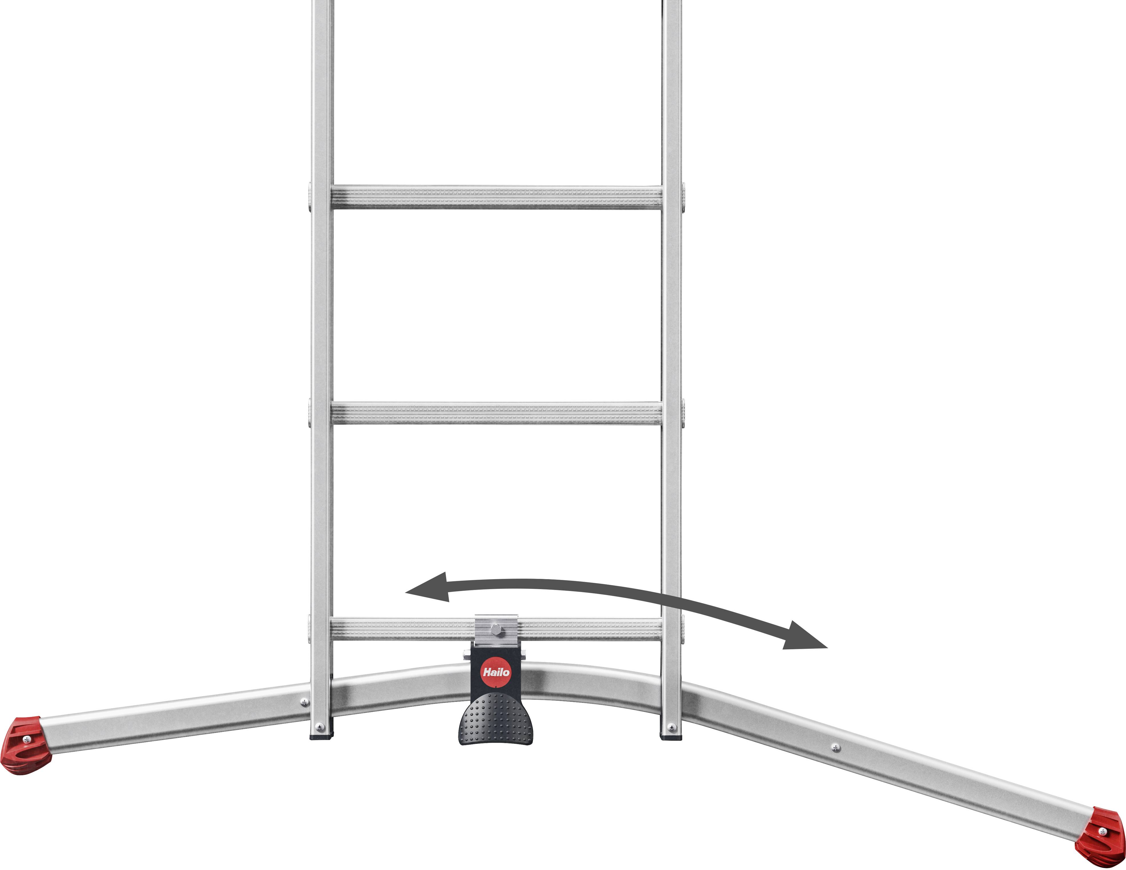 Aluminium ladder with safety joint and extendable side sections for improved stability.