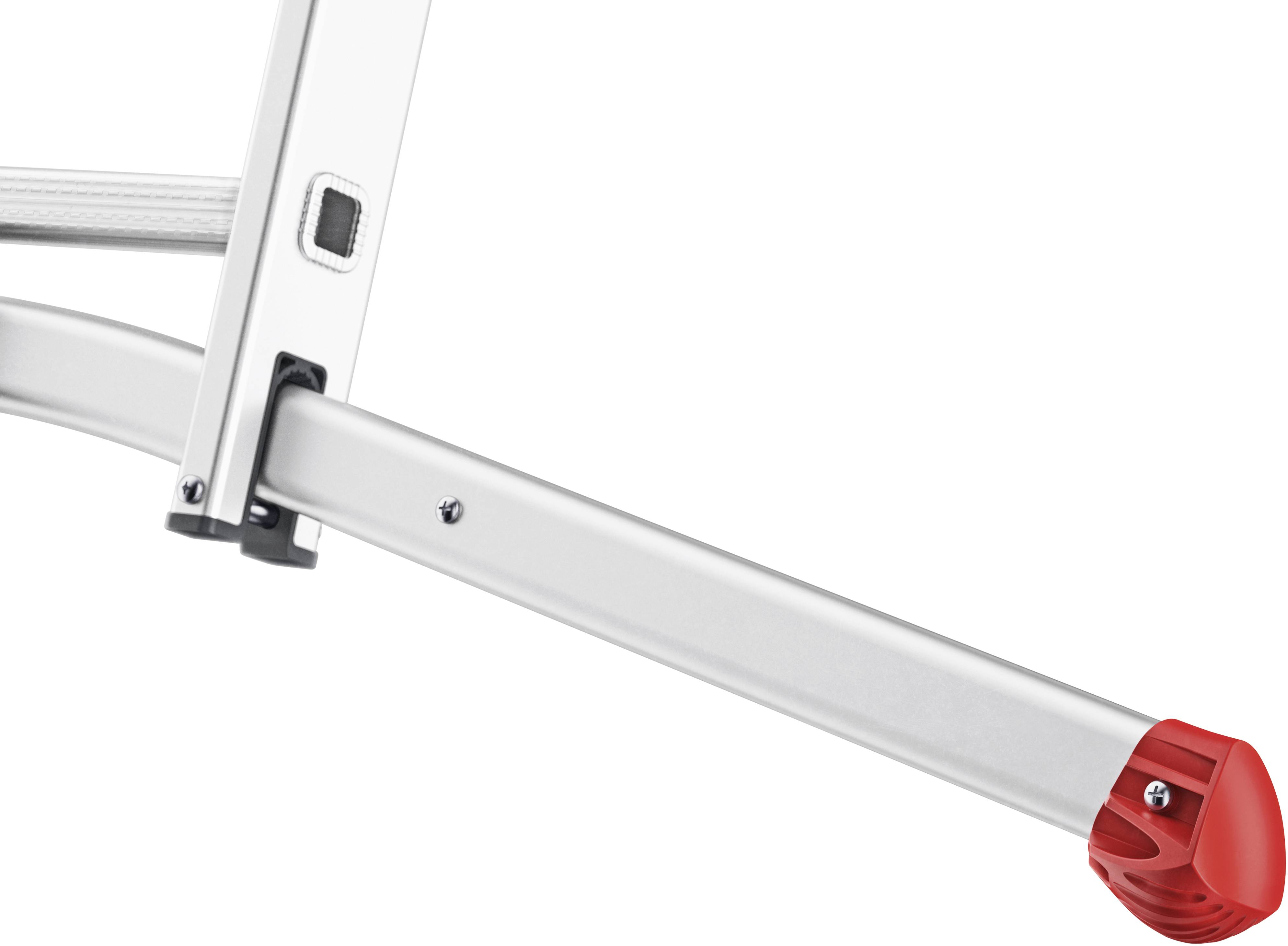 Part of an aluminium ladder with a red, non-slip foot.