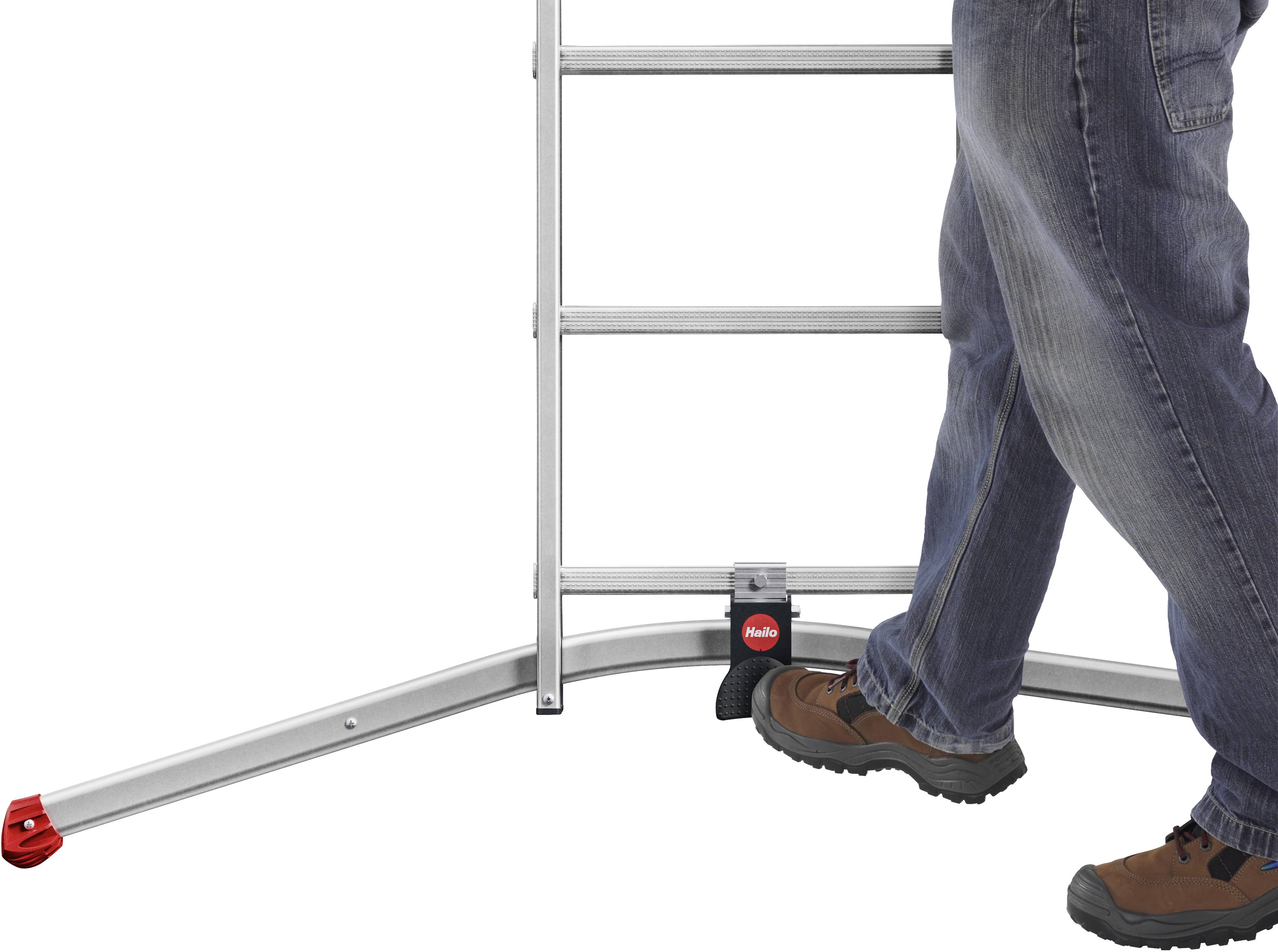 A person wearing jeans and boots steps onto a ladder base with a red, non-slip foot. Safety in ladder use is demonstrated.