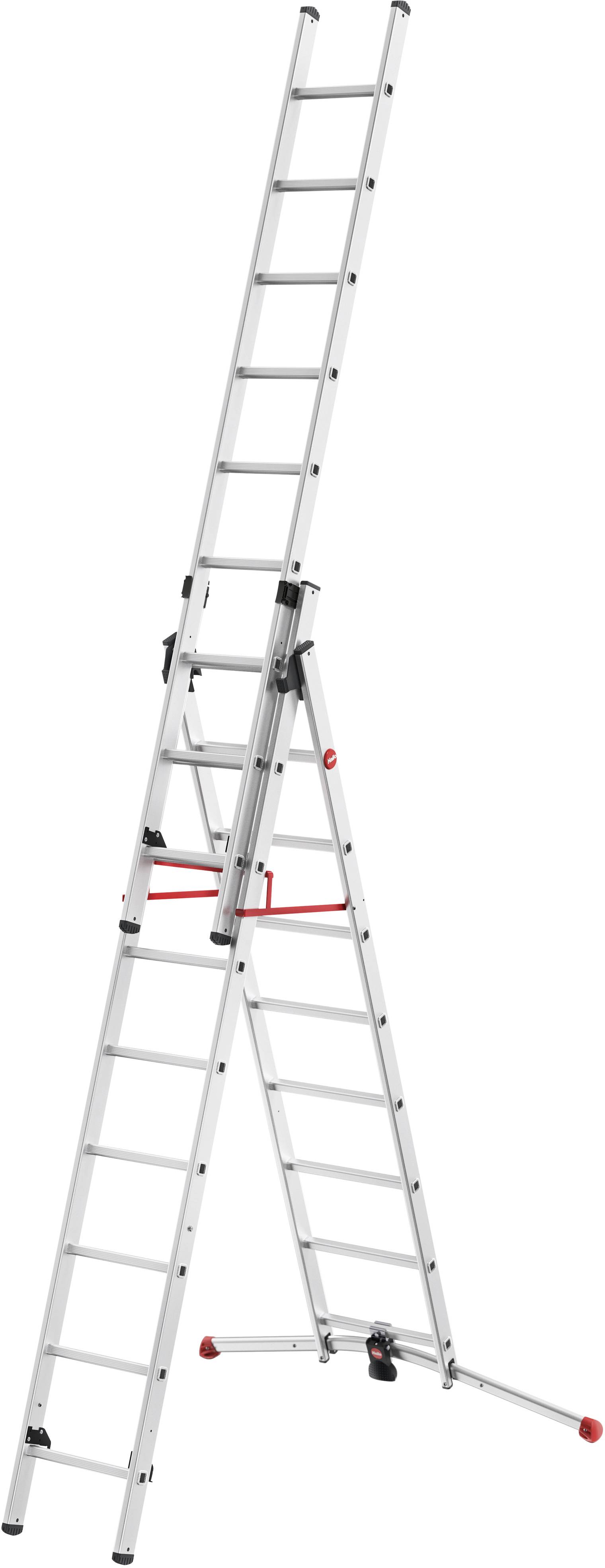 Ladder fully extended, standing stably on a three-legged base, suitable for high-level work in indoor and outdoor areas.