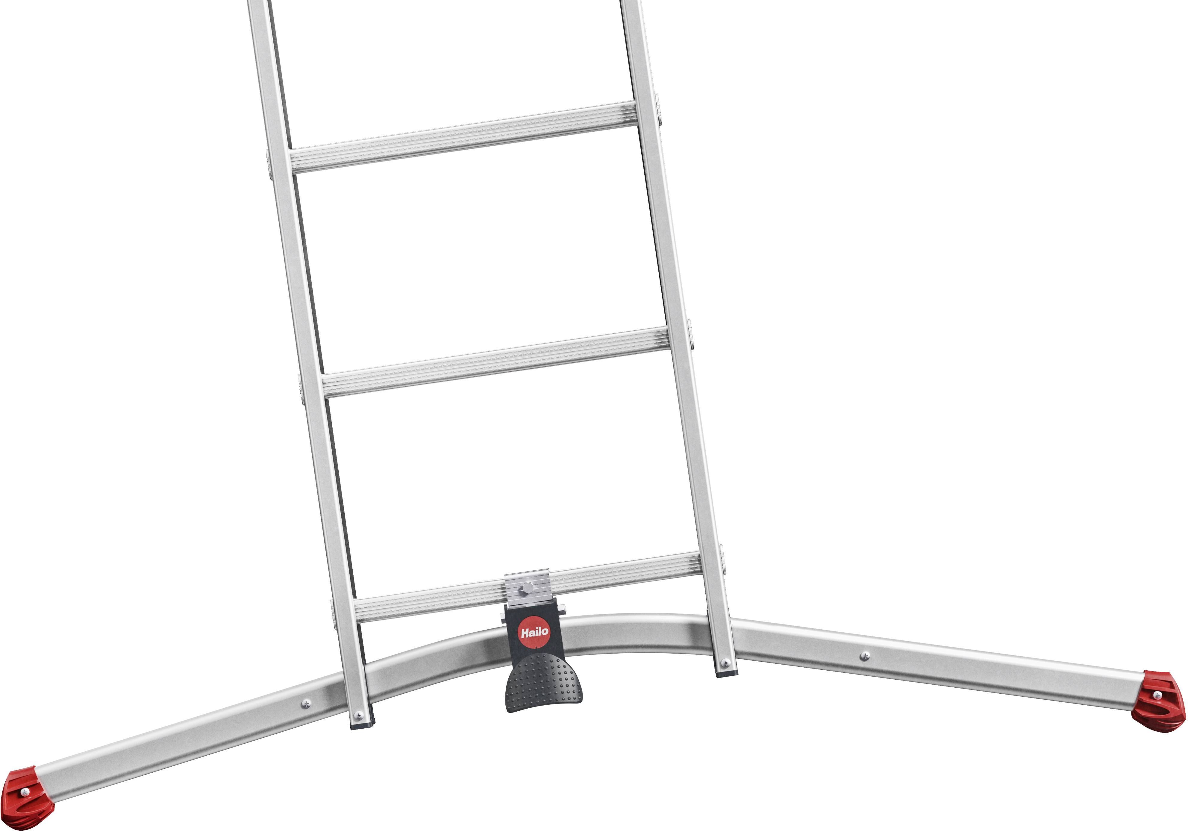 A silver ladder with four rungs and red non-slip feet stands stably on the ground.
