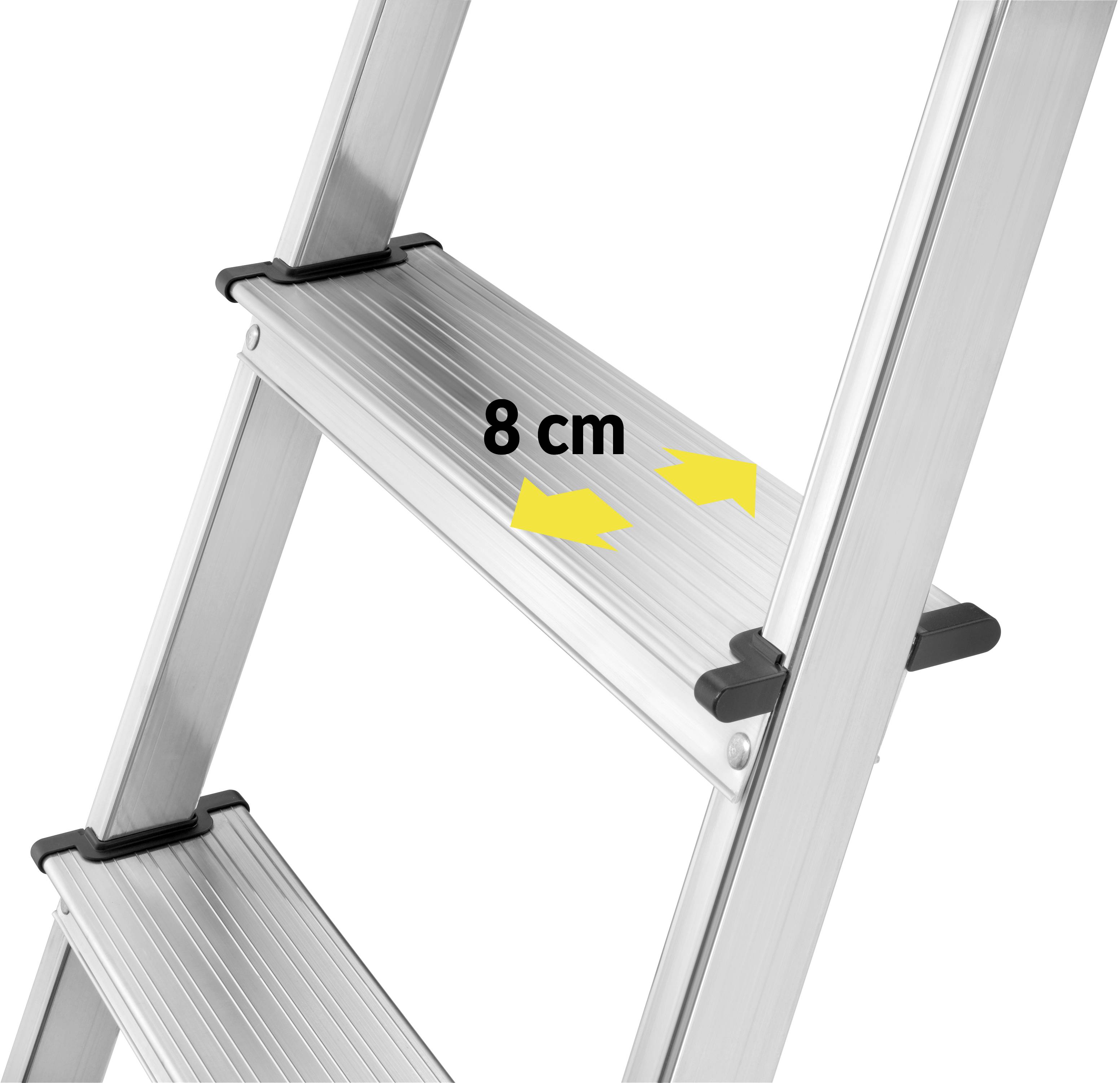 Close-up of an aluminium ladder with two steps. The distance between the steps is 8 cm, indicated by two yellow arrows.