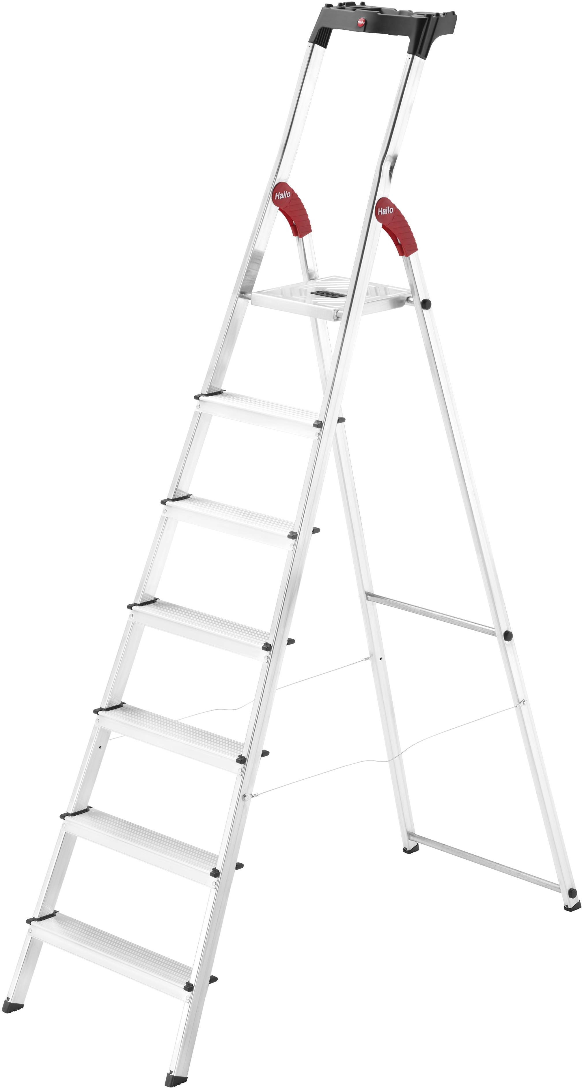 A silver aluminium ladder with six steps and red handles, which is stable and suitable for indoor use.