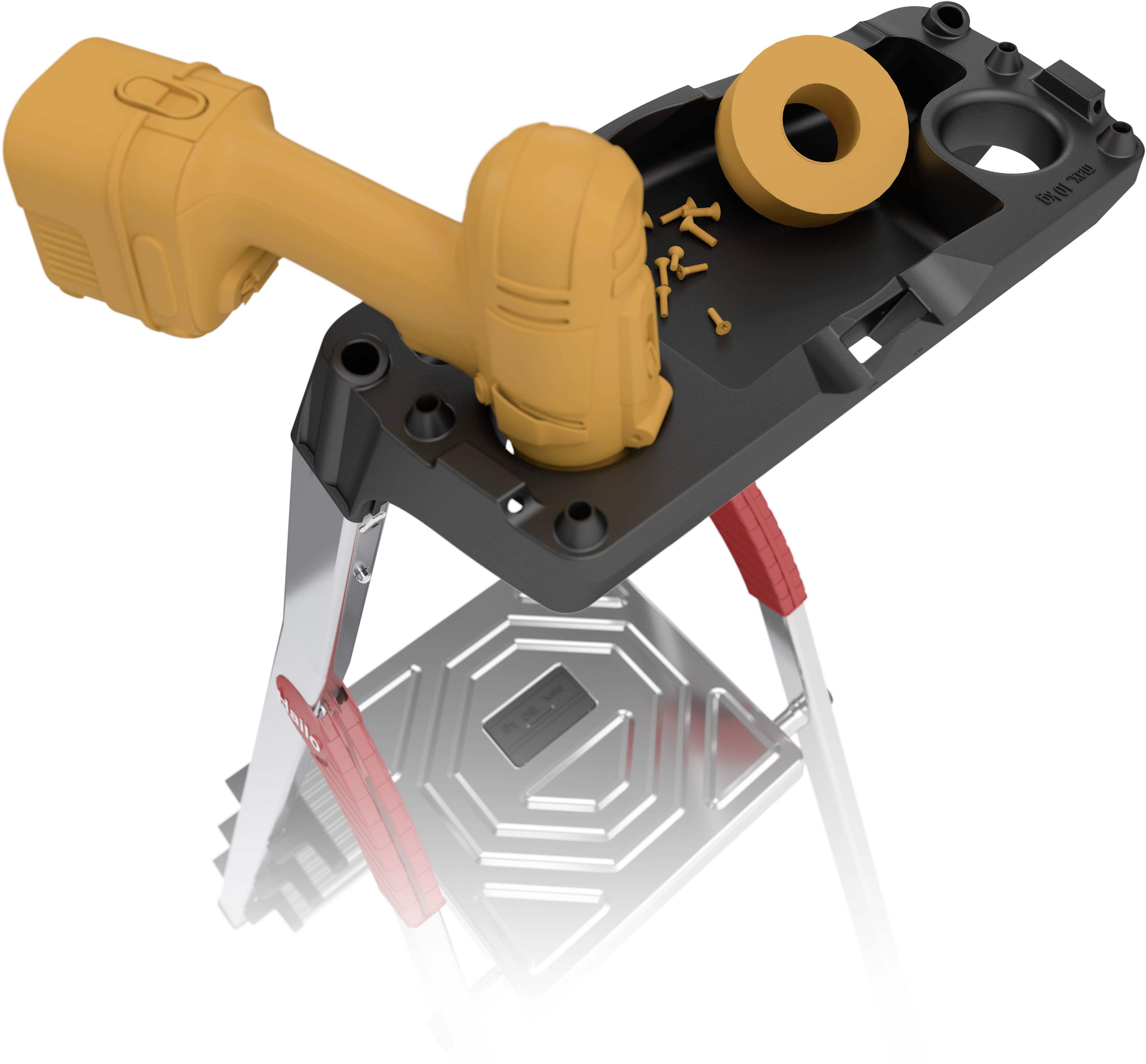 Orange cordless drill and screws on a tool tray attached to an aluminium ladder.