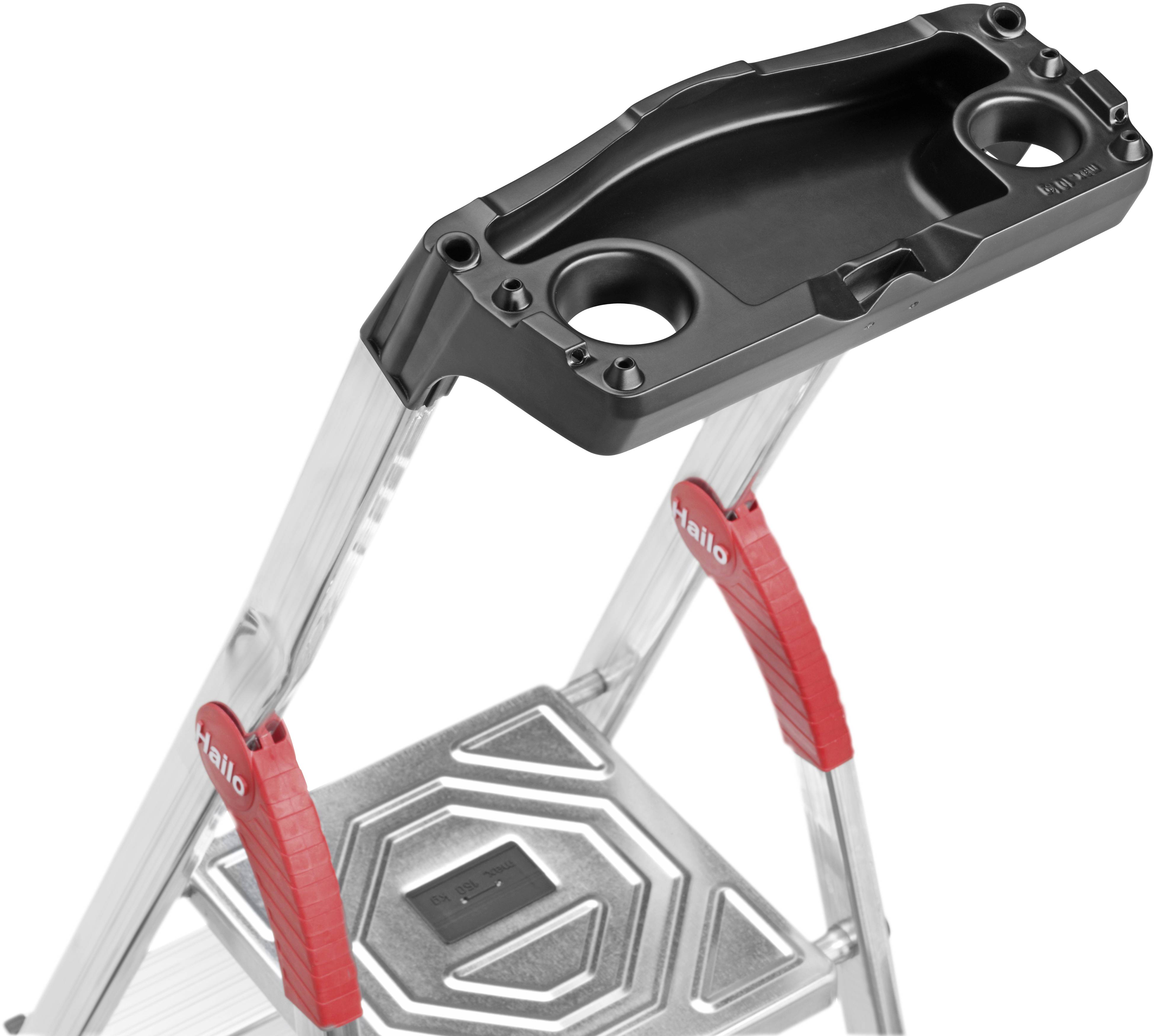 Aluminium ladder with a black tool tray on top and red handles, providing stability and space for tools.