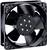 A black fan with six blades, mounted in a square frame. Suitable for cooling in electronic devices.