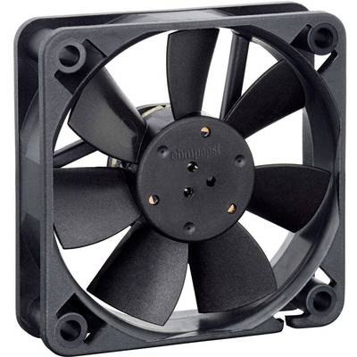 A black computer fan with five blades, mounted in a square frame. Suitable for cooling PC components.