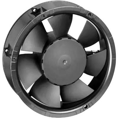 A large black fan with multiple blades, mounted in a round housing.