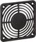 A square black plastic ventilation grille used for covering and protecting a fan or ventilator.
