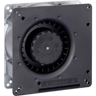 A square black fan, with a central rotor and surrounding casing, mounted on a metal plate.