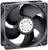 A black computer fan with five blades in a square frame, used for cooling electronic components.