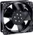 Black computer fan with five blades, mounted in a rectangular frame.