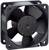 A black computer cooler with five rotor blades, mountable with four screw holes at each corner.