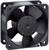 A black fan with five blades, mounted in a square housing. Used for cooling electronic devices.