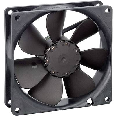 Black computer fan with seven blades, mounted in a square frame. It is used for cooling electronic components.