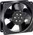 A black computer fan with five blades in a square frame.