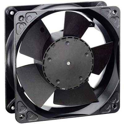 A black computer case fan with five blades, mounted in a rectangular frame.