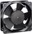 A black computer case fan with five blades, mounted in a rectangular frame.