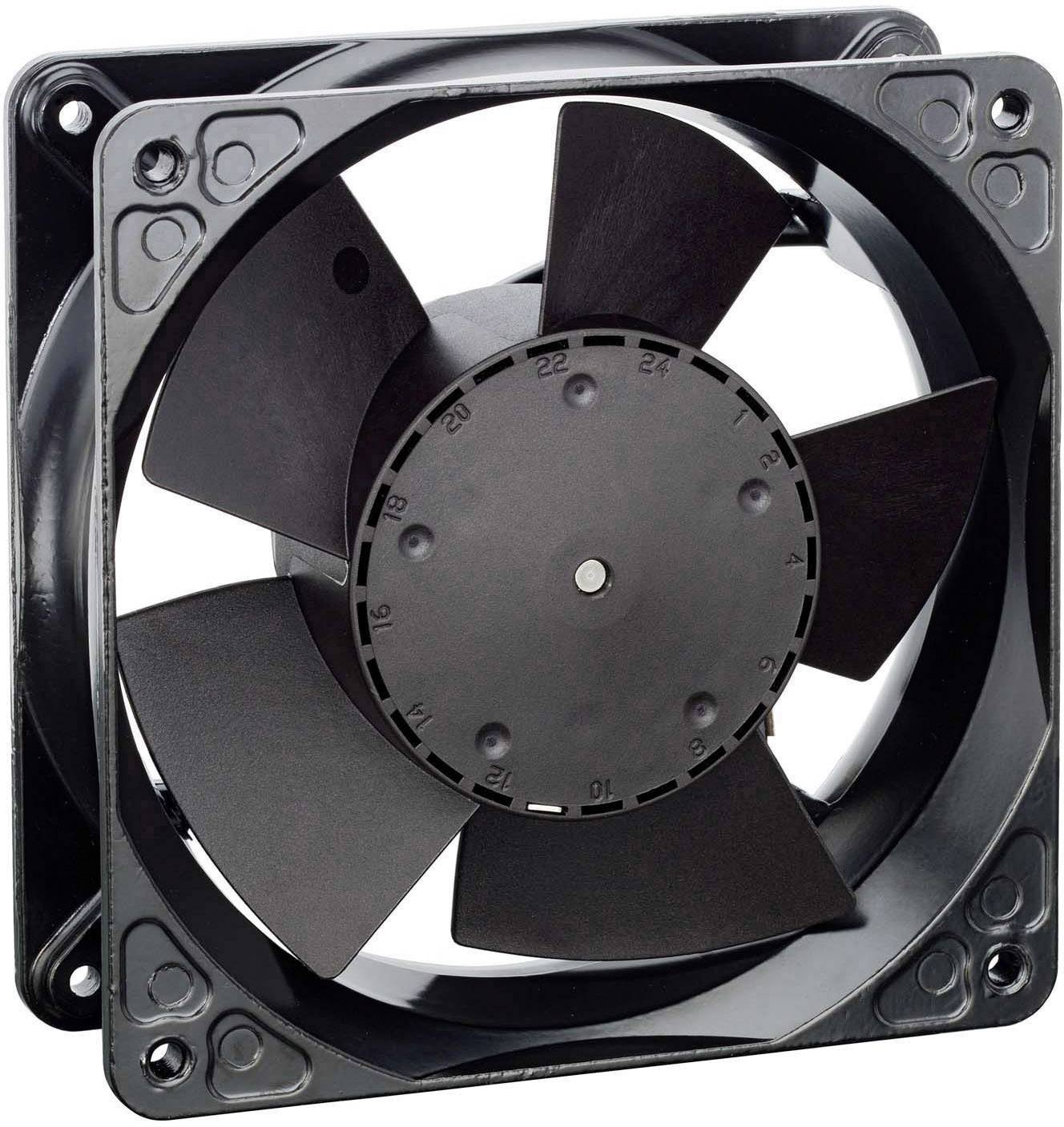 Black computer fan with eight rotor blades, side view. Fan is square and designed for cooling in computers.