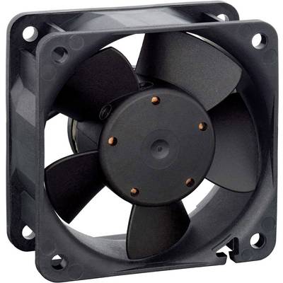 A black computer fan with five blades in a square housing, suitable for cooling electronic components.
