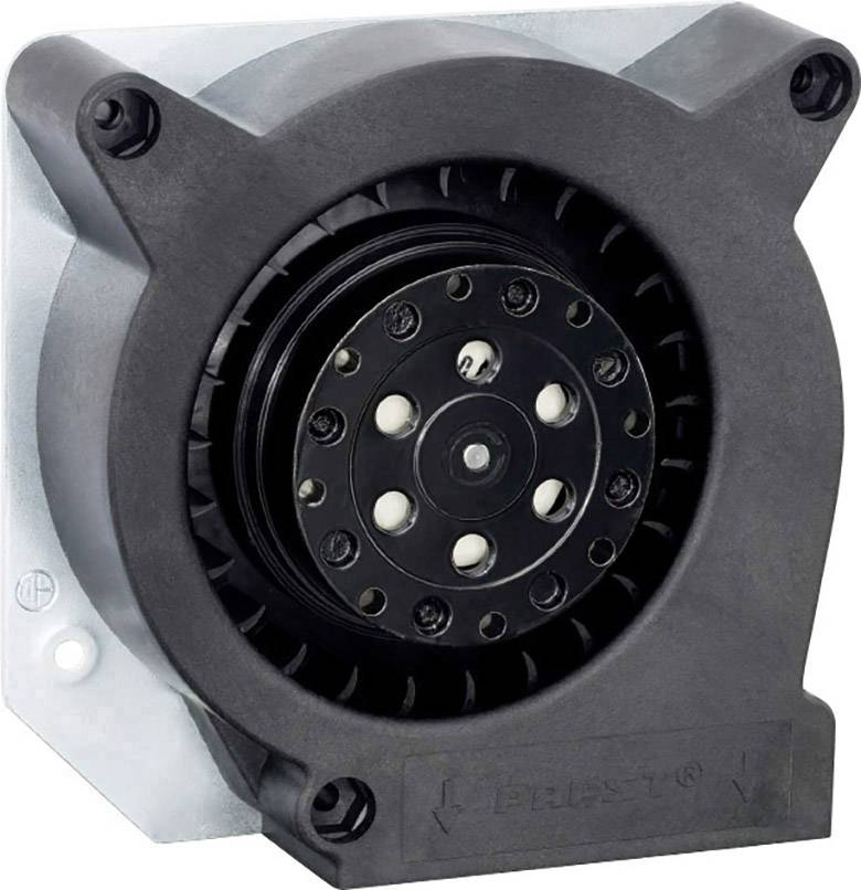 Black, square fan with multiple blades, mounted on a metal bracket. Main component of a cooling system.