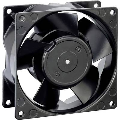 A black axial fan with five metal blades, mounted in a square frame. Used for cooling or ventilation.