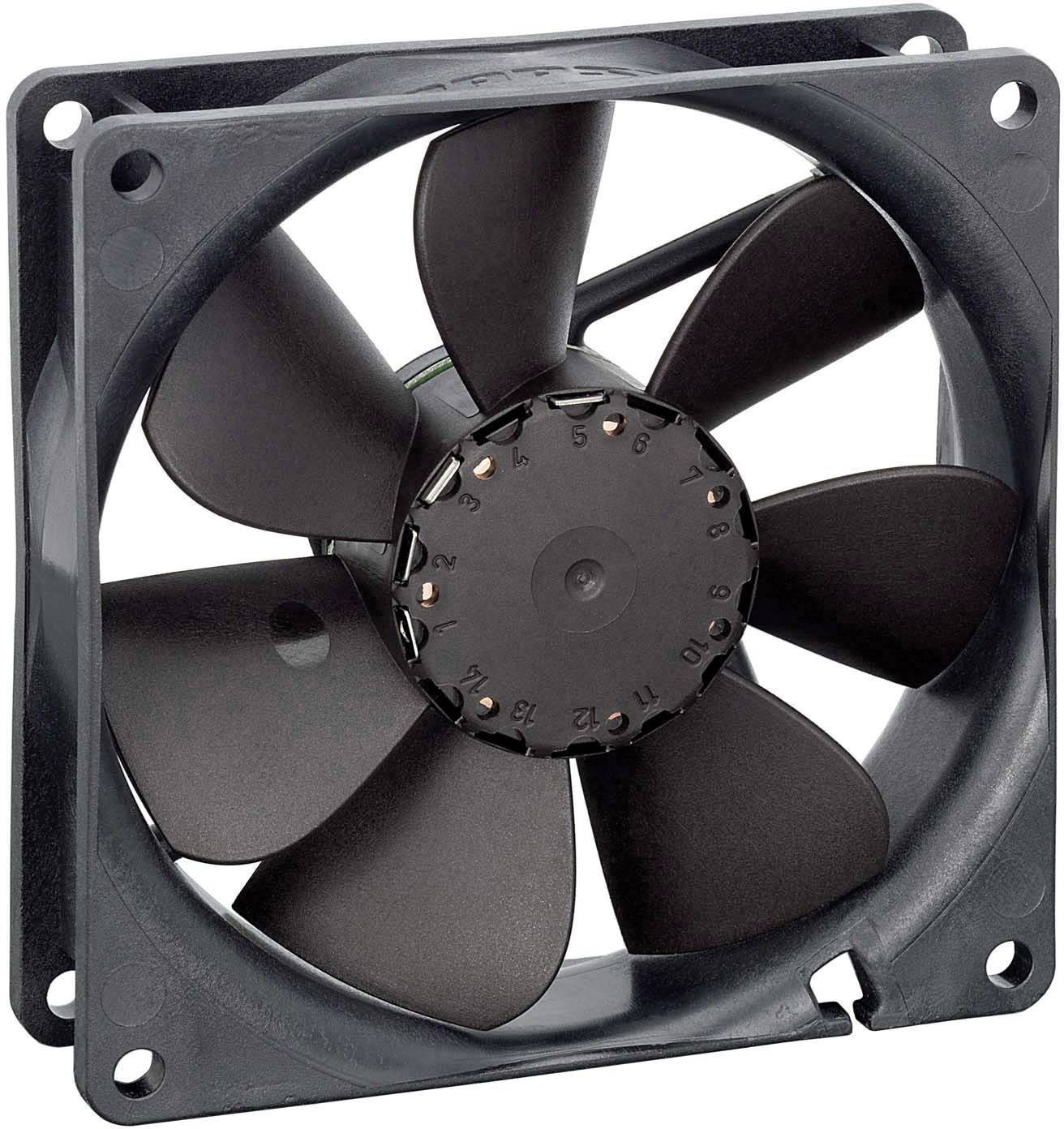 Black, square computer fan with seven blades and a central motor, used for cooling electronic devices.