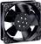 A black computer fan with five blades, mounted in a square housing, is shown from the front.