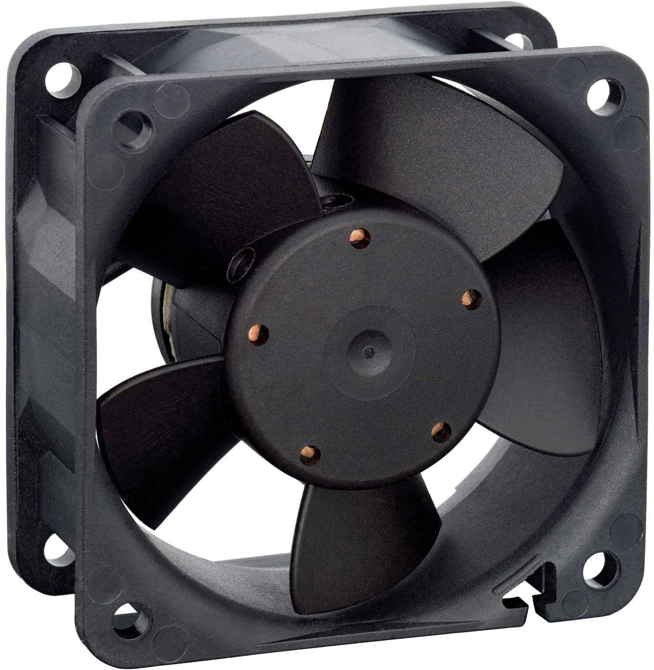 A black computer fan with five blades in a square frame.