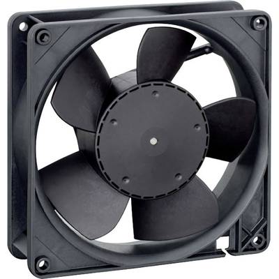 A black computer fan with multiple blades, mounted in a square housing, against a neutral background.