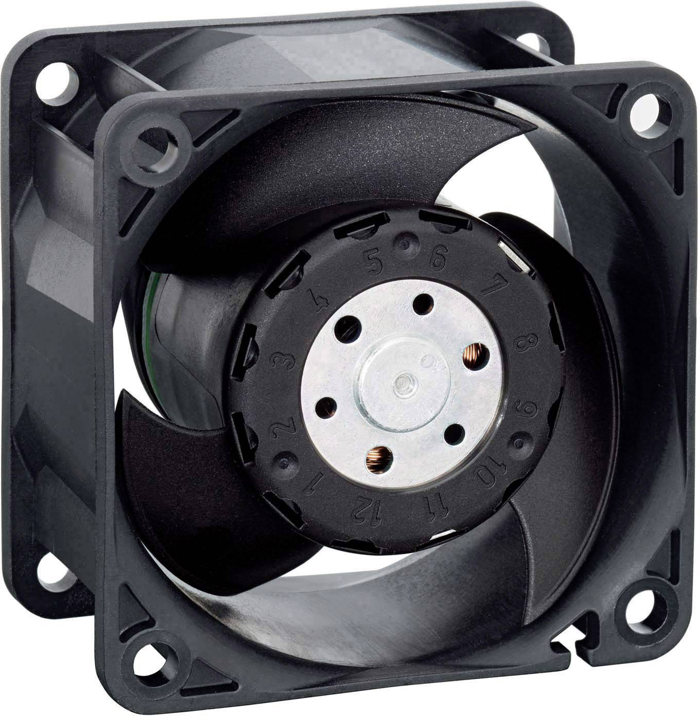 A black axial fan with a square frame and three fan blades. Office equipment or electronic component cooling.