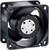 A black axial fan with a square frame and three fan blades. Office equipment or electronic component cooling.