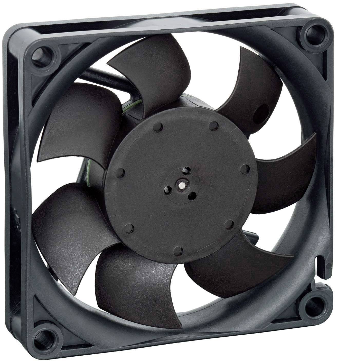 A black computer fan with six blades. Suitable for cooling electronic devices. Rectangular frame with mounting holes.