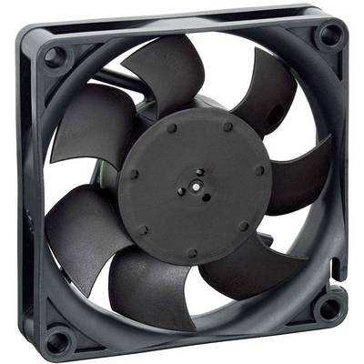 A black computer fan with six blades. Suitable for cooling electronic devices. Rectangular frame with mounting holes.