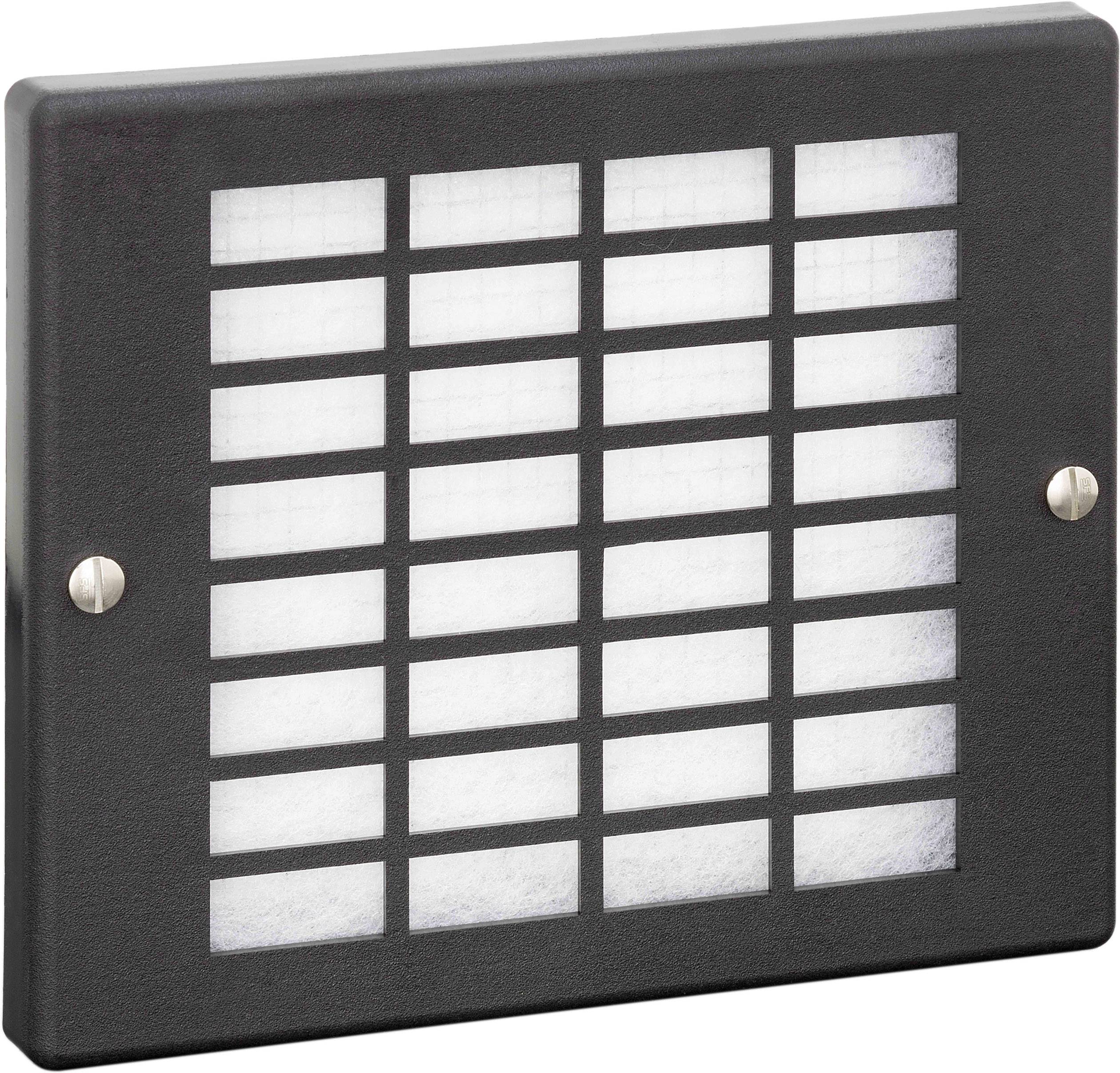 Rectangular black ventilation grille with horizontal and vertical louvres and two side-mounted screws.