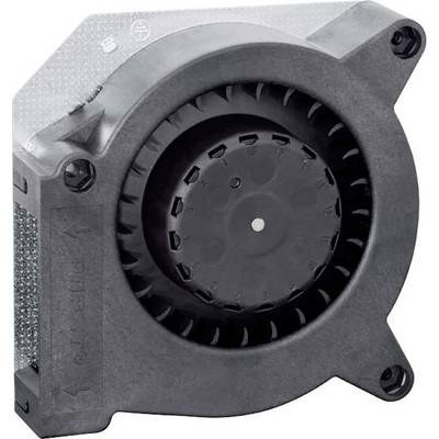 A black, square fan with rounded corners and visible screws, suitable for cooling purposes in electronic devices.