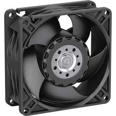 A black computer fan with six blades and round holes in the centre, designed for PC cooling.