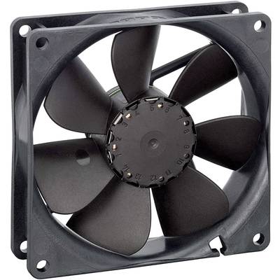 A black computer fan with multiple blades, mounted in a rectangular frame, used for cooling electronic devices.