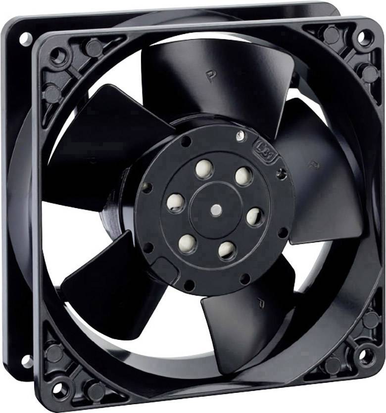 A black computer fan with five blades, mounted in a rectangular housing, shows the front of the rotor.