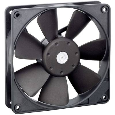 A black computer case fan with eight blades, mounted in a square frame, serves to cool computer components.