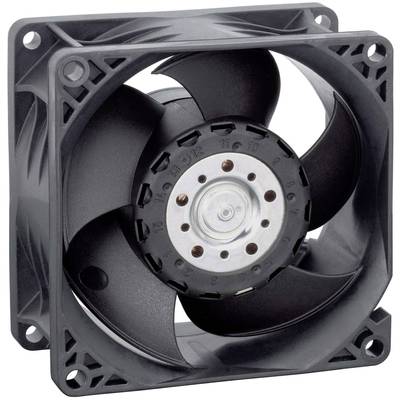 A black computer fan with five blades, surrounded by a square frame.