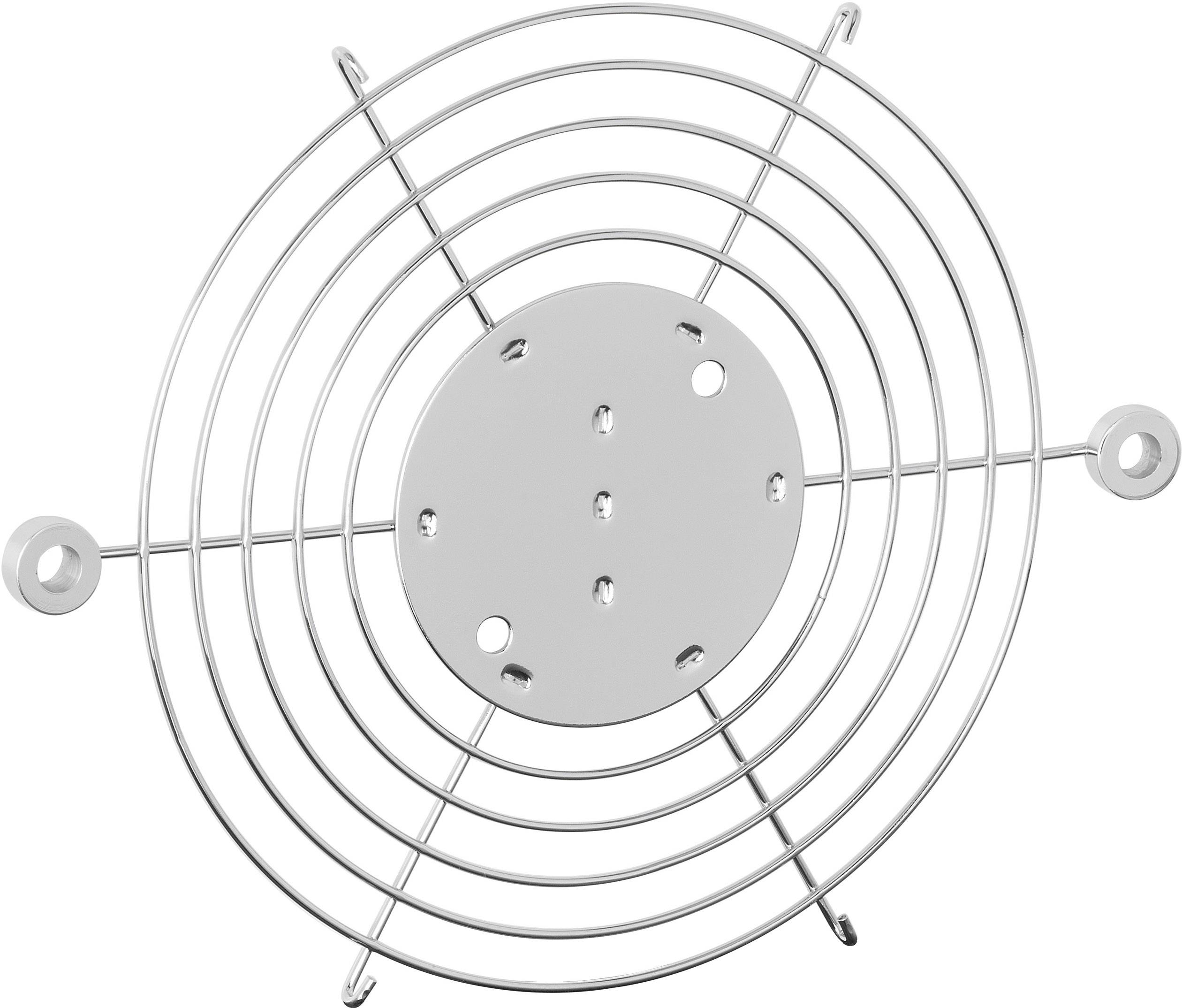Metal mesh fan guard, round with multiple concentric rings.