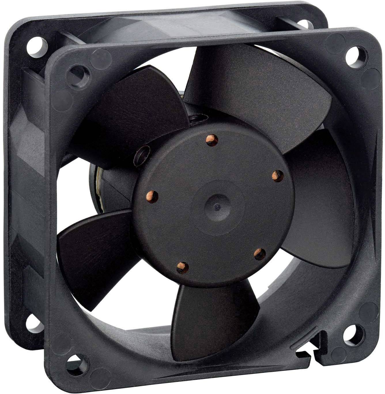 A black computer fan in a square shape with five blades mounted in a plastic frame.